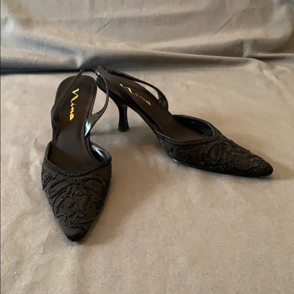 Nina Beaded Black Luster Satin Slingback